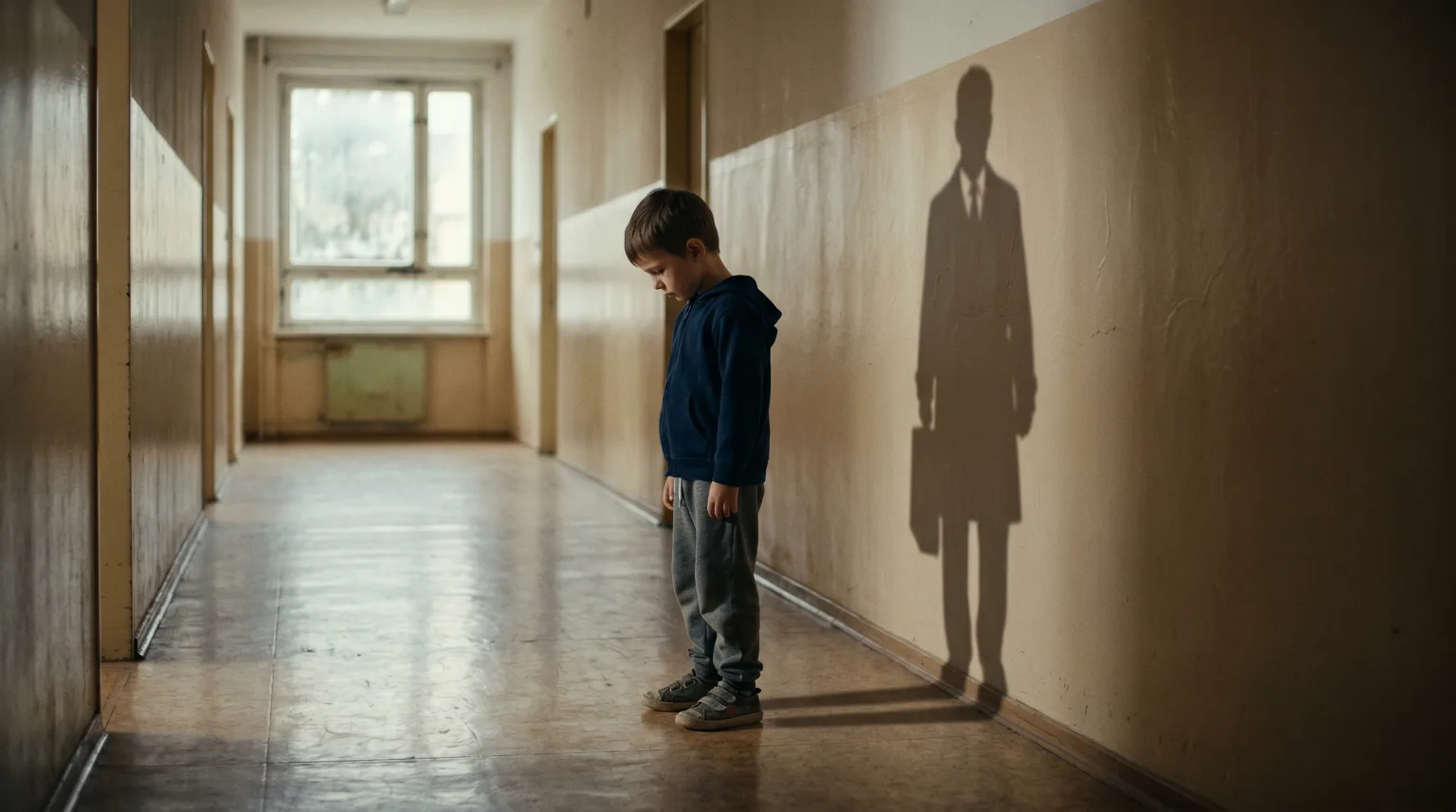A boy standing in a hallway with the shadow of an adult behind him.
