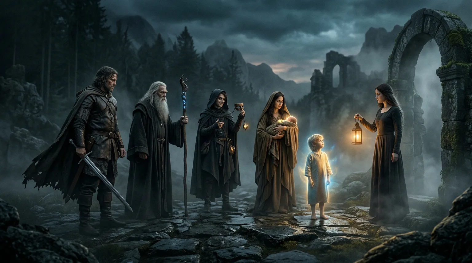 A group of symbolic character archetypes standing together in a misty landscape.