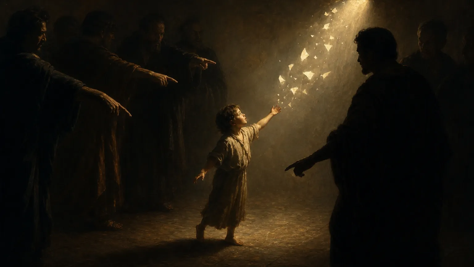 A child reaching toward a burst of light while surrounding adult figures gesture in approval and rejection.