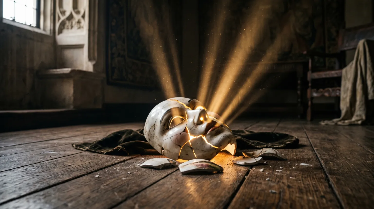 A broken white mask lying on a wooden floor with golden light streaming out through its cracks.