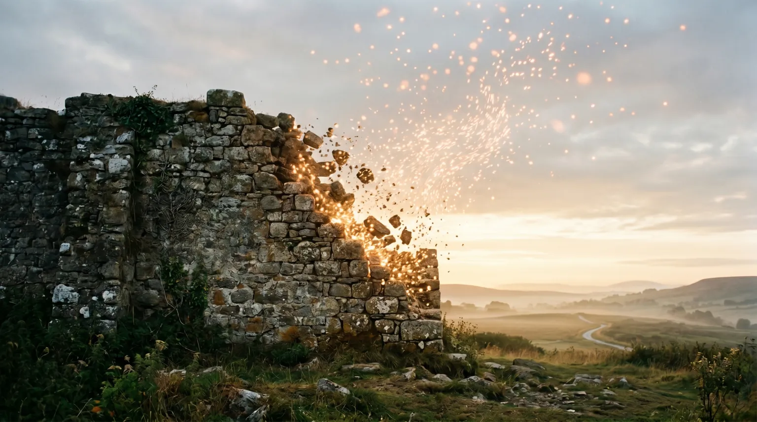An old stone wall crumbling at sunrise, light breaking through where the stones fall away.