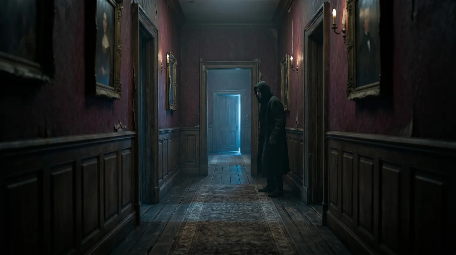 A dim, portrait-lined hallway with a hooded figure lurking against the wall and cold light from a far doorway.