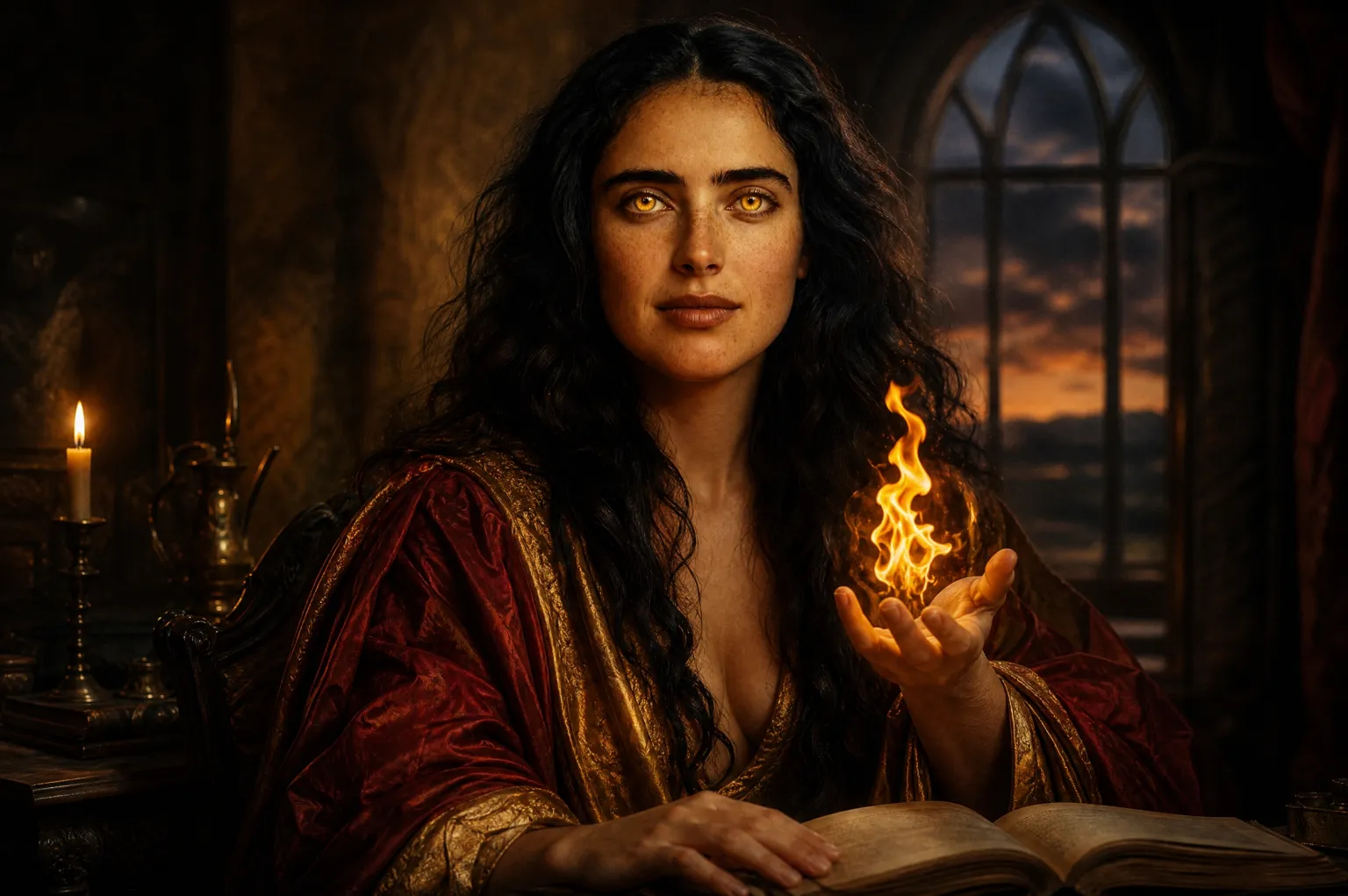 Dr. E, the Flame of Eros — a figure with golden eyes cupping a small flame above an open book.