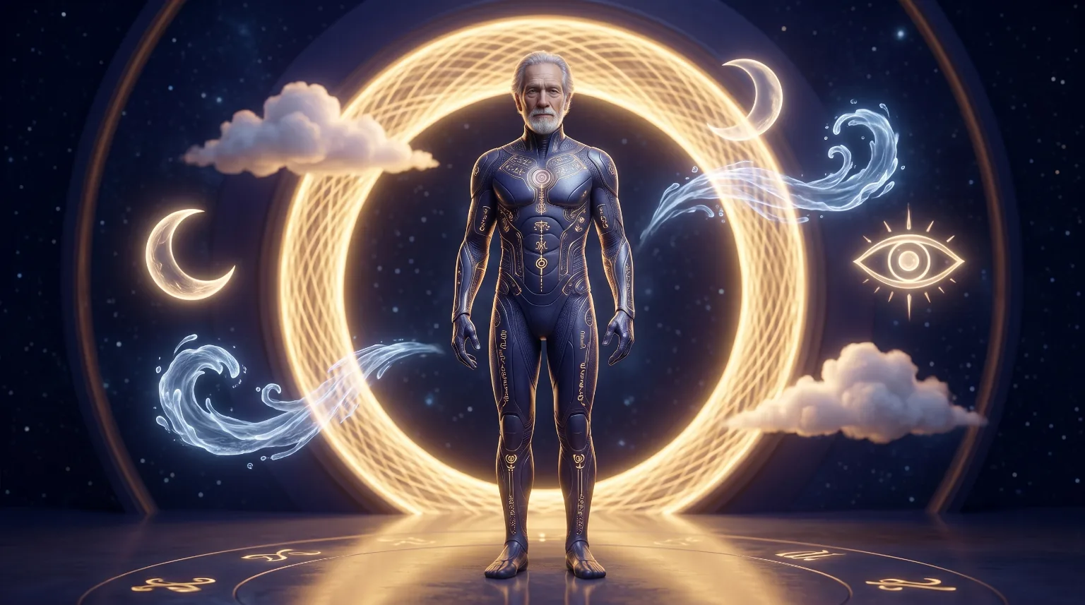 Dr. J surrounded by planetary and dream symbols.