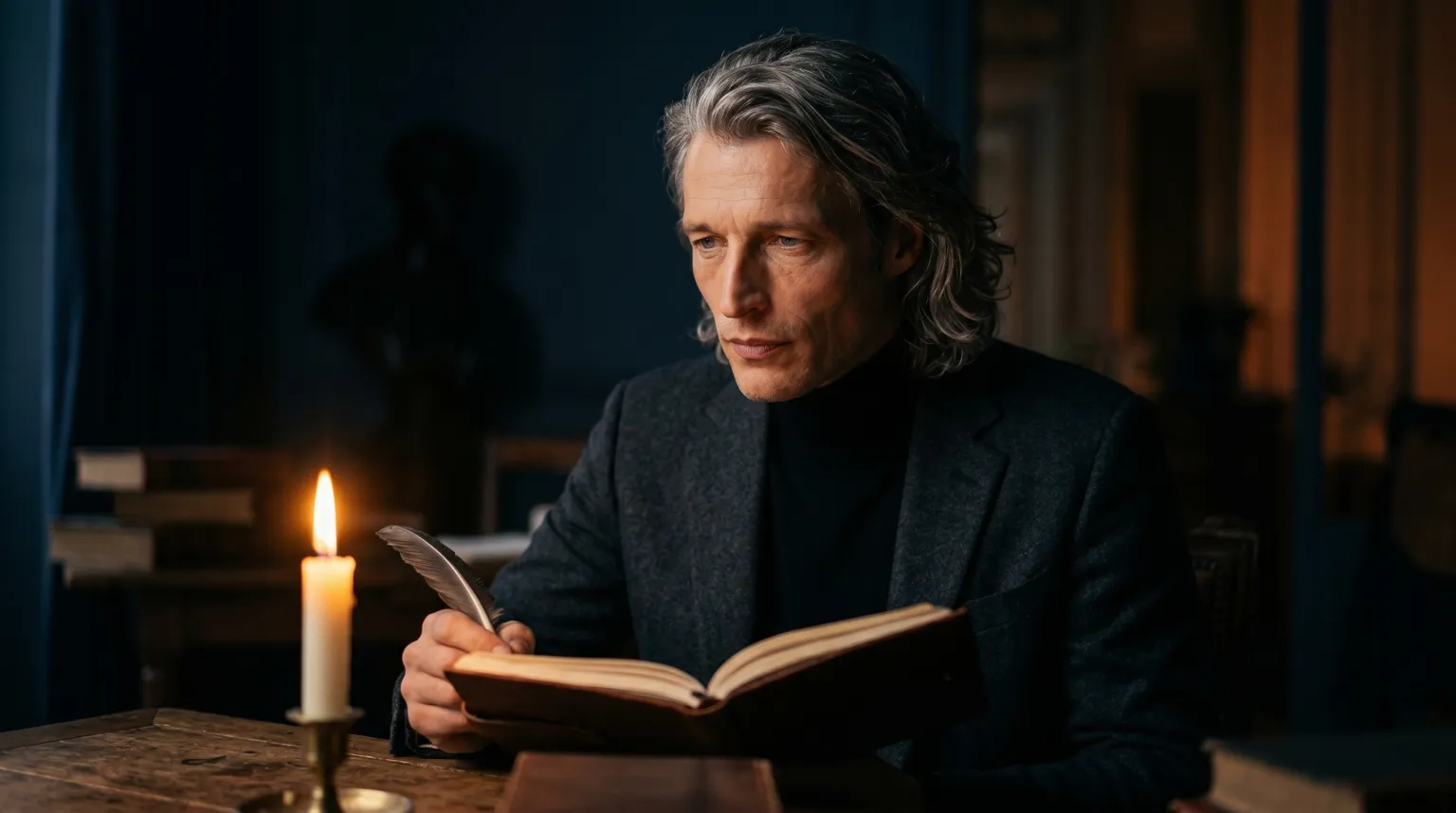 Dr. L, the Shadow Philosopher — a grey-haired figure writing by candlelight as a shadow looms behind him.