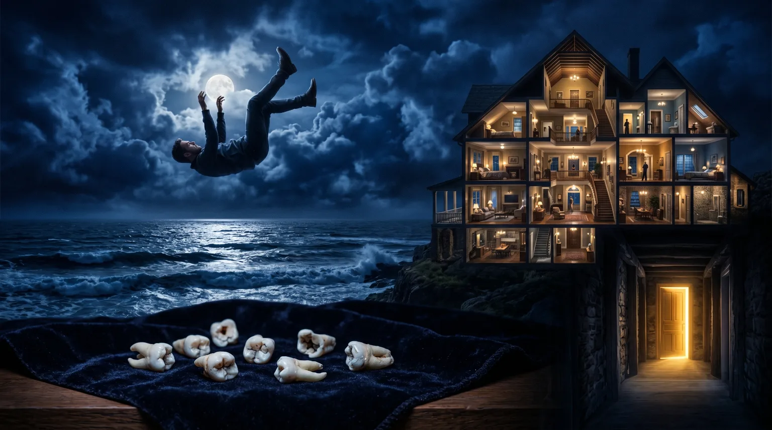 A collage of falling, teeth, and a house representing the psyche.
