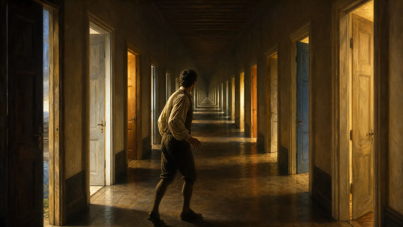 A man standing in a long hallway lined with many open doors.