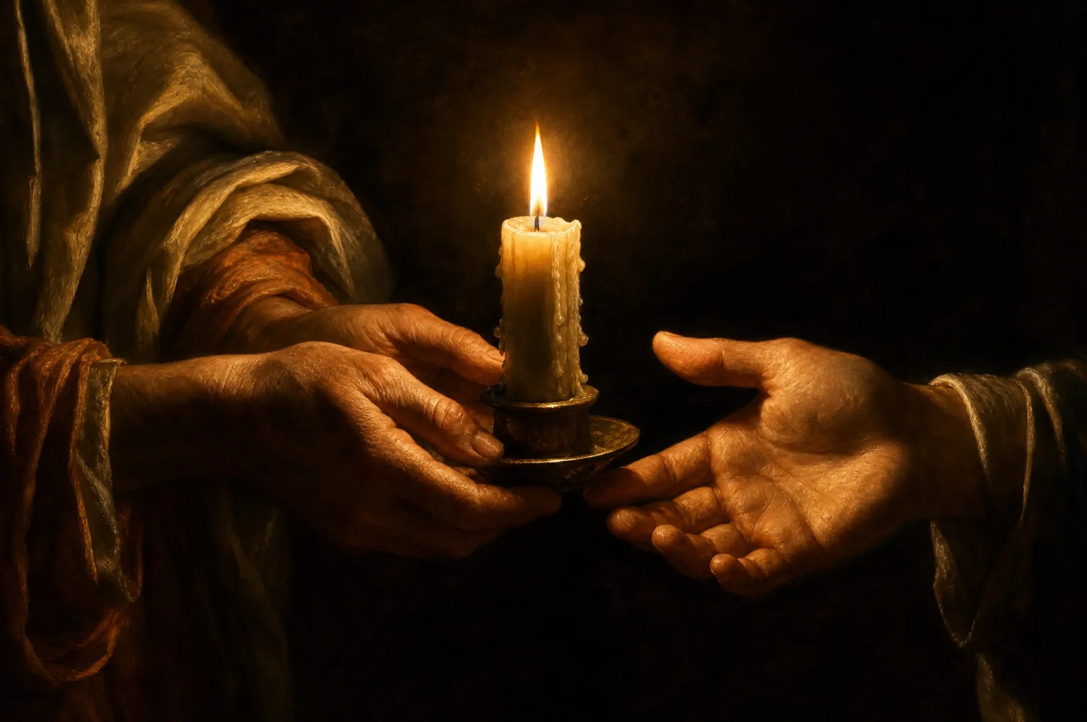 Weathered hands passing a lit candle to an open, waiting hand in the dark.