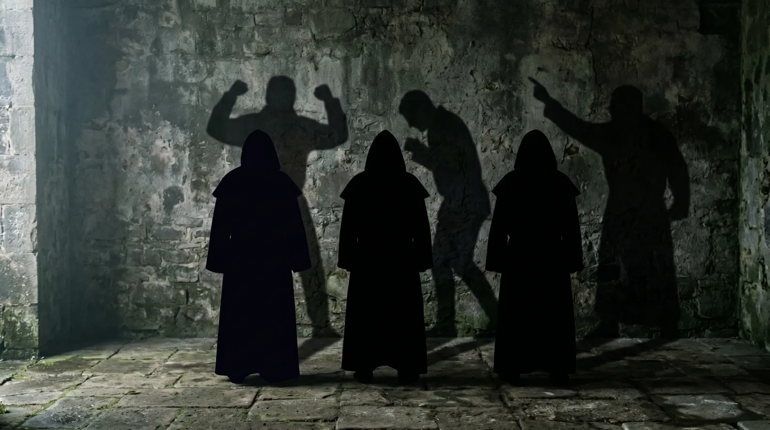 Three hooded figures stand calmly while their shadows on the wall behind them lash out in anger.