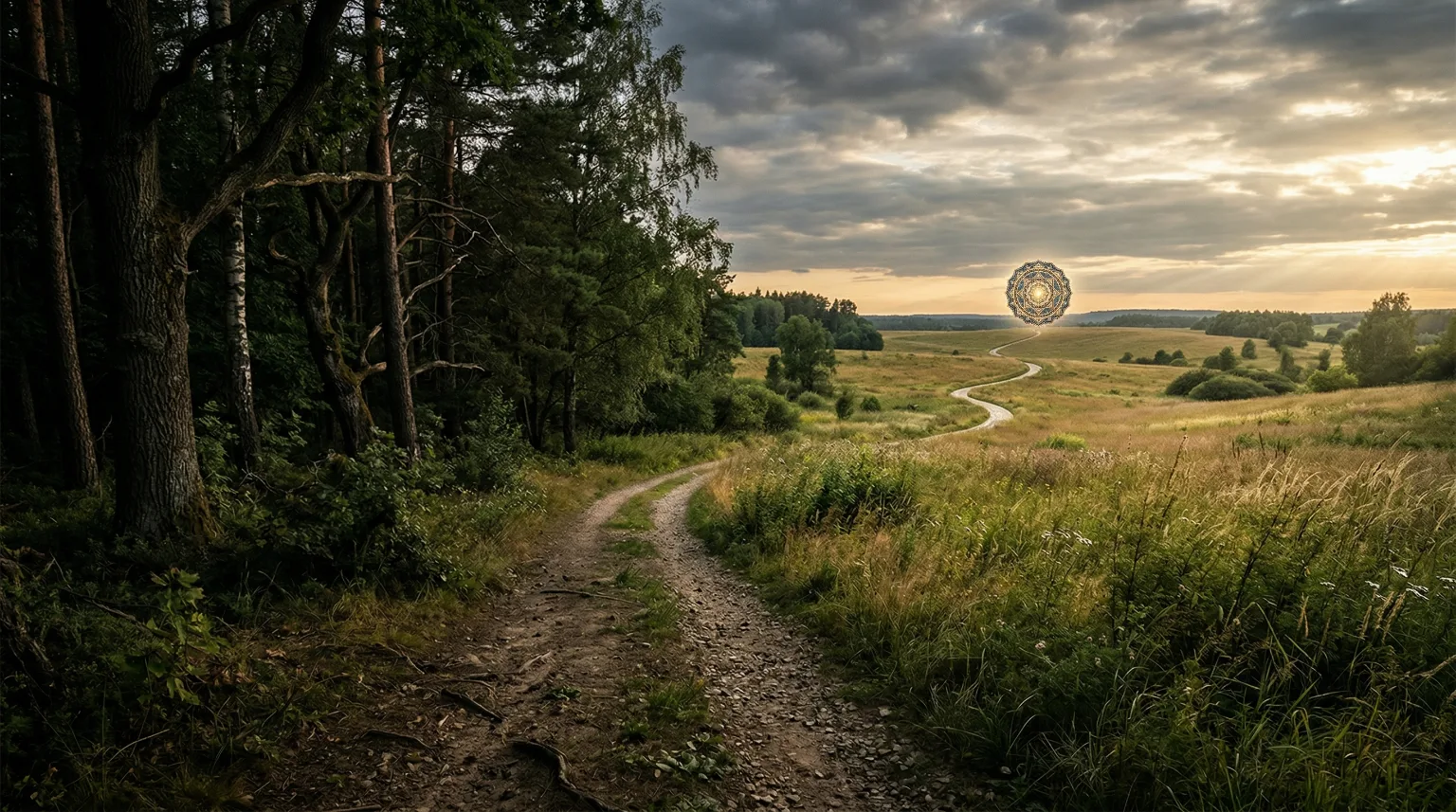 A winding path leading from a forest into an open landscape, symbolizing individuation.