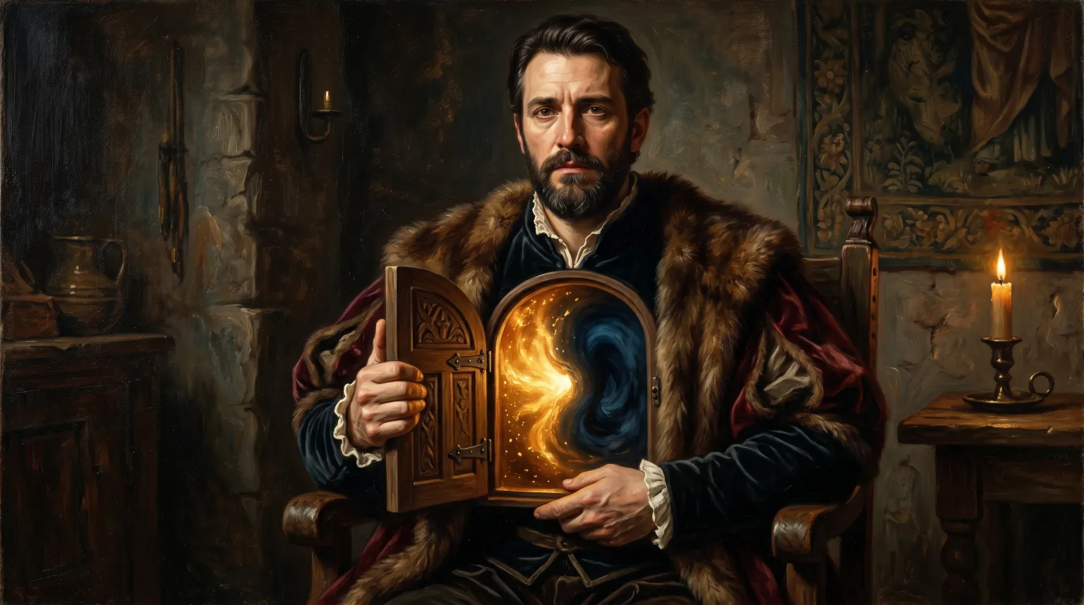 A man opening a small carved door to reveal a swirl of golden and blue light glowing inside.
