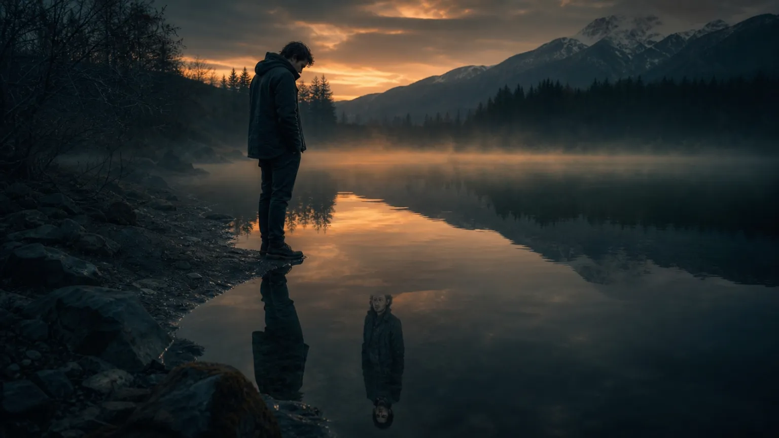 A man at the edge of a still lake at dusk, looking down at a shadowy second self in his reflection.