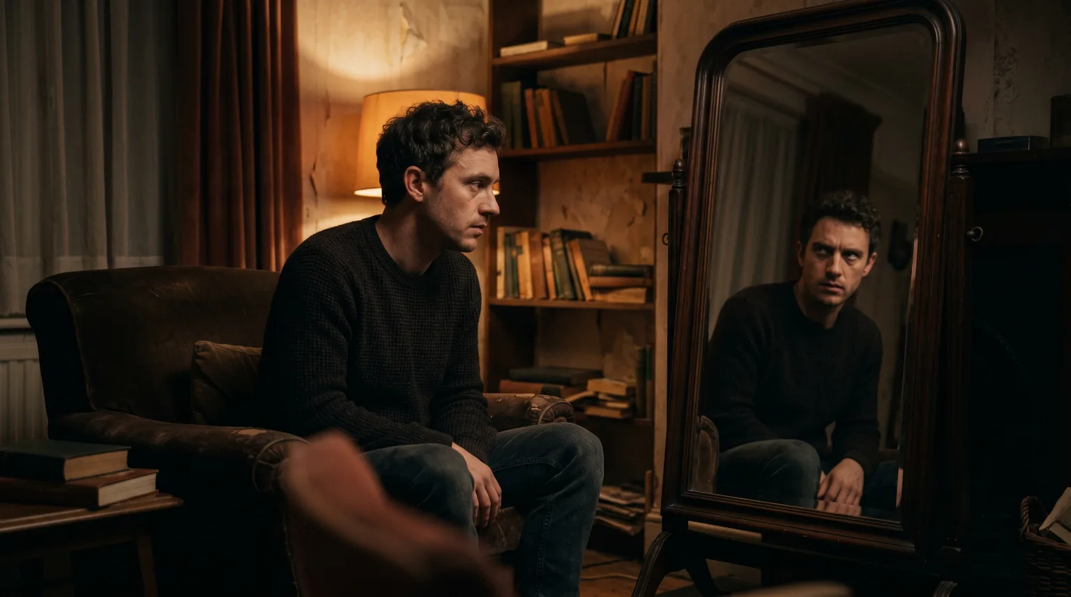 A man sitting in front of a mirror during shadow work reflection.