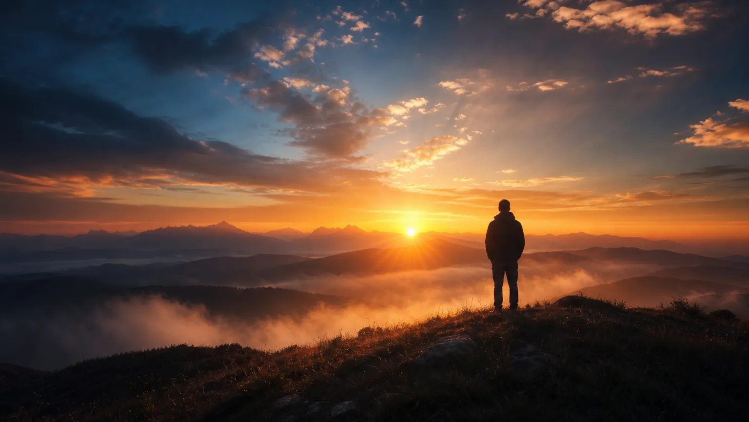 A person standing on a mountain ridge at sunrise, looking out over mist-filled valleys.