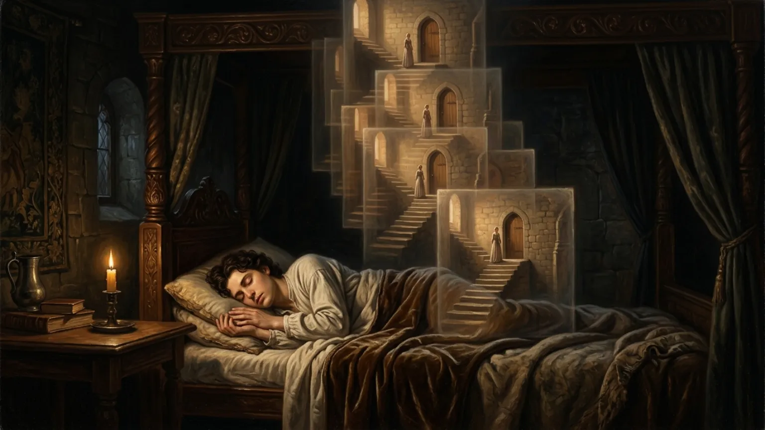 A man sleeping as a staircase of repeating rooms rises endlessly from his dream.