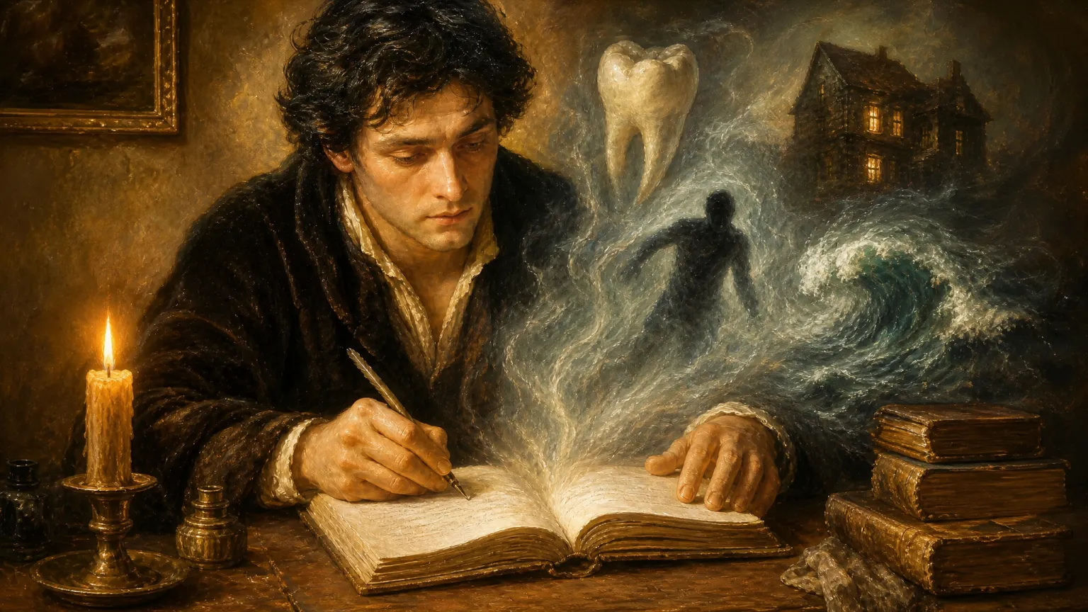 A man writing by candlelight as dream symbols — a tooth, a shadow figure, a house, and a wave — rise from the page.