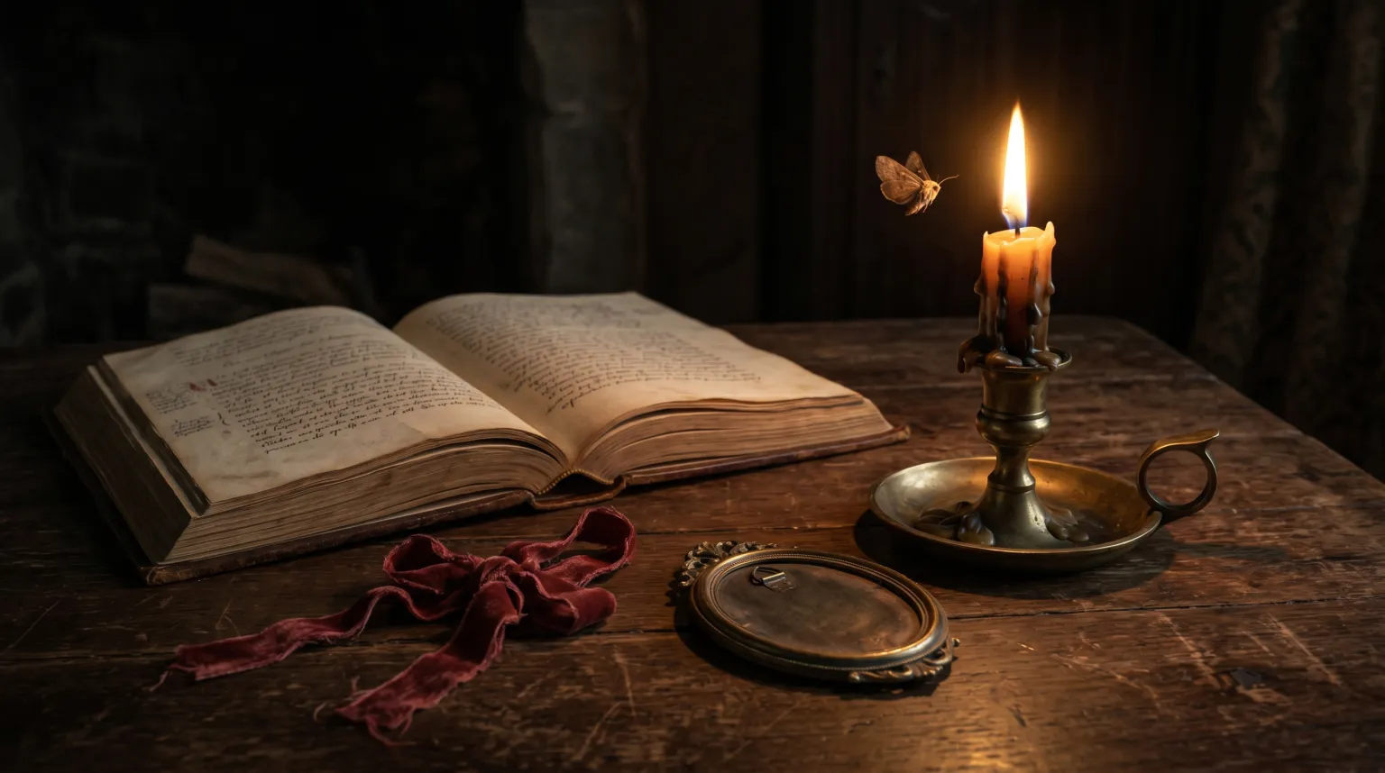 A moth drawn to a candle flame beside an open antique book, a red ribbon, and a locket.