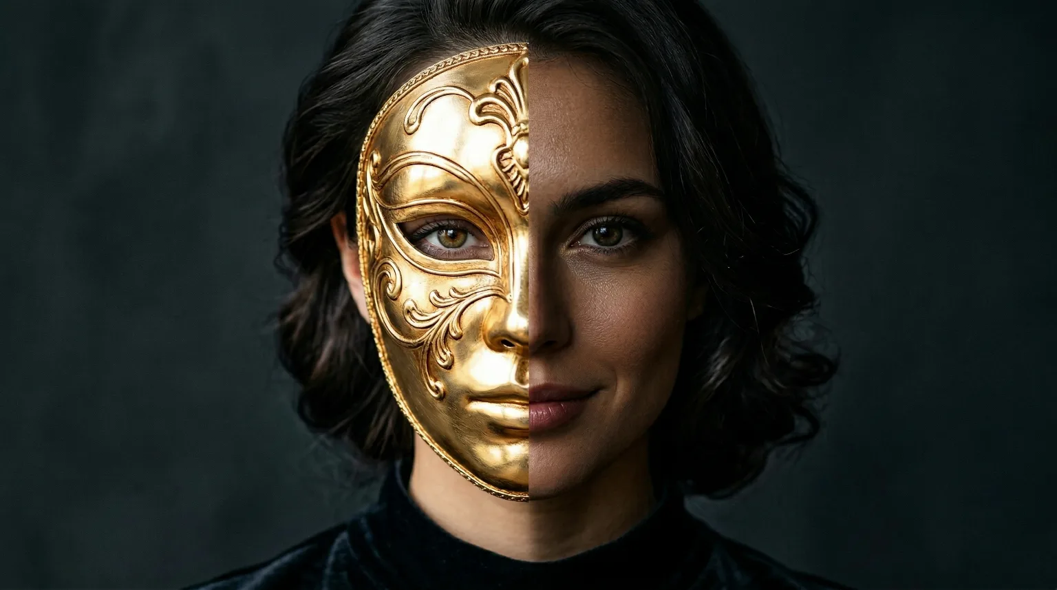 A face half covered by a gold mask, symbolizing Jung's Persona.