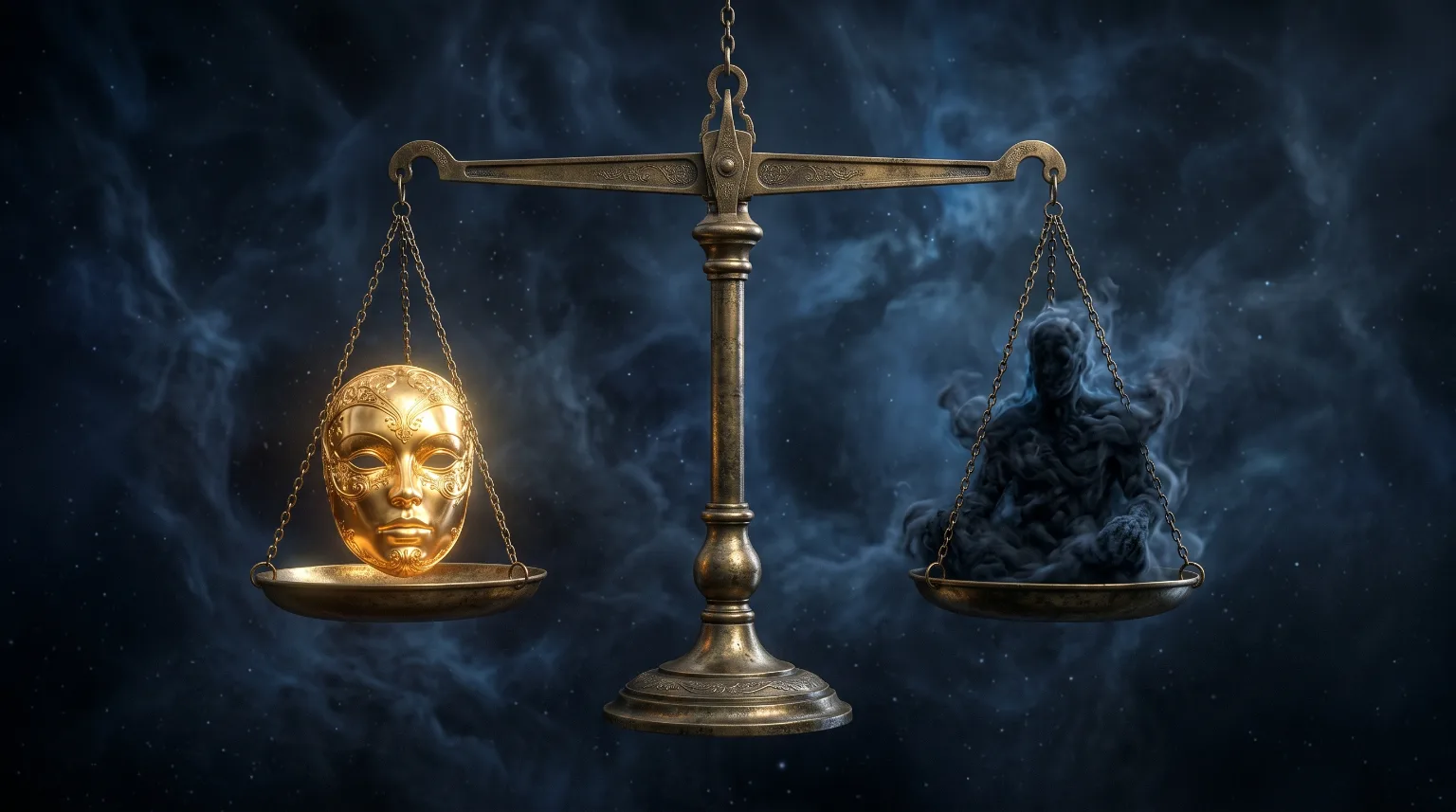 Scales balanced between a gold mask and a shadow figure.