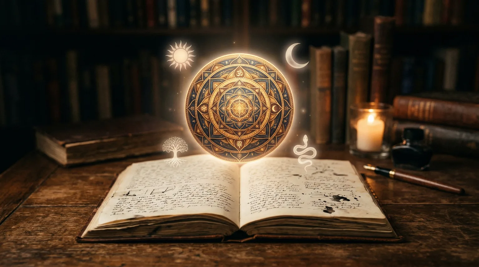 A glowing mandala over an open book, symbolizing Jung's Self.
