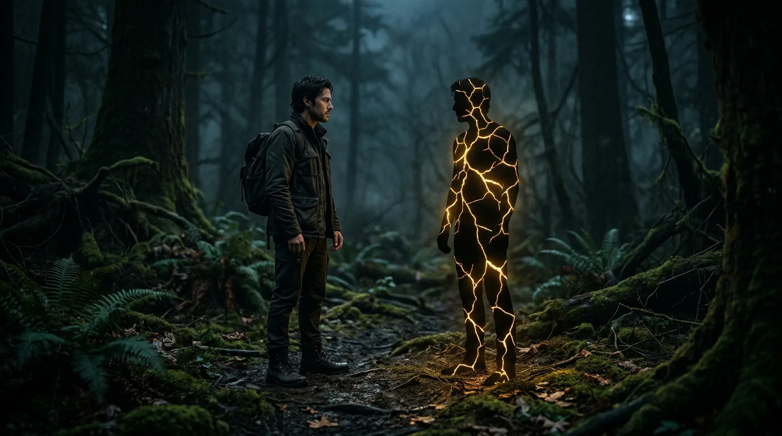A person facing a glowing shadow figure in a dark forest.