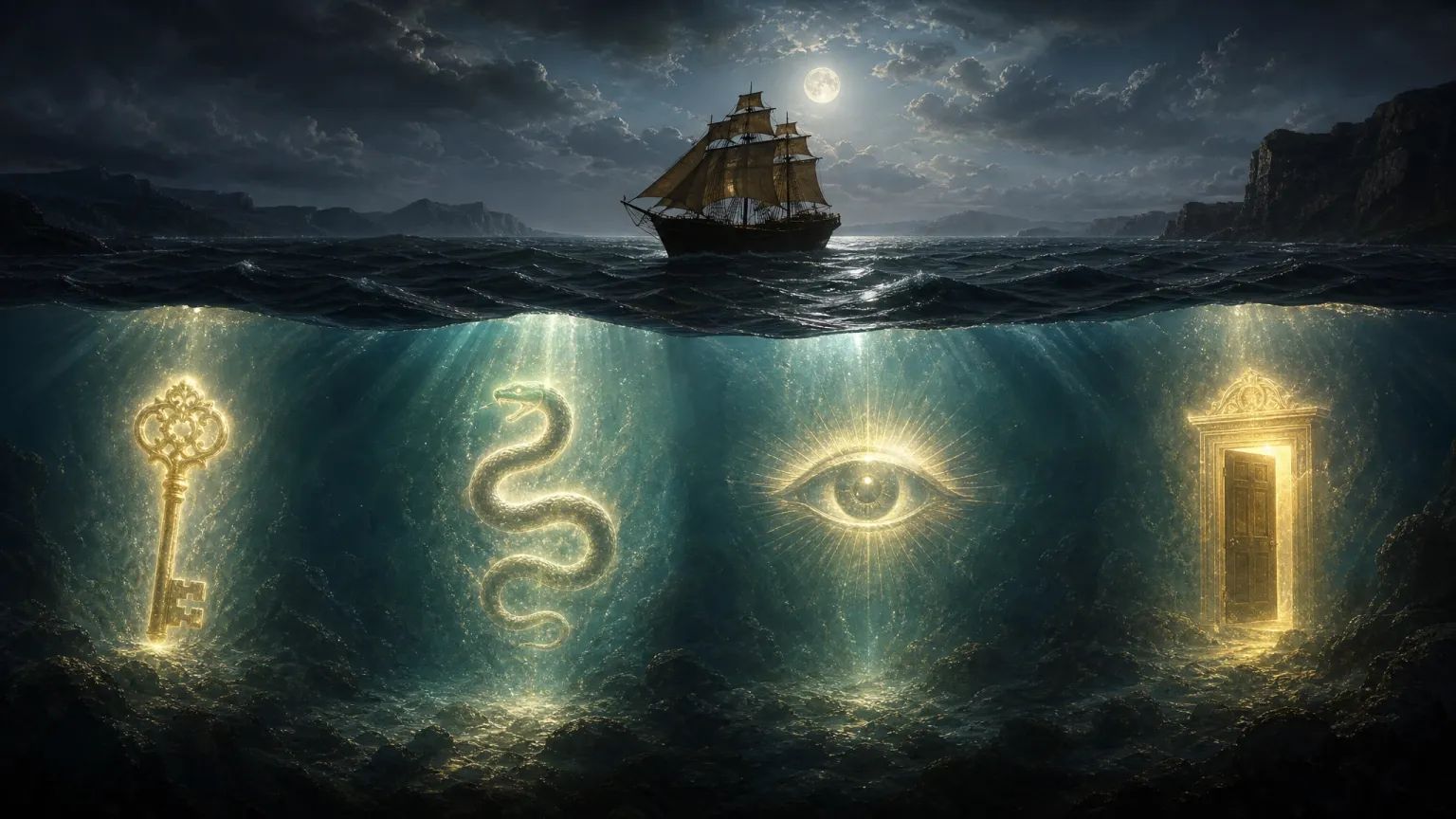 A ship on moonlit water above submerged glowing symbols — a key, a serpent, an eye, and a door.
