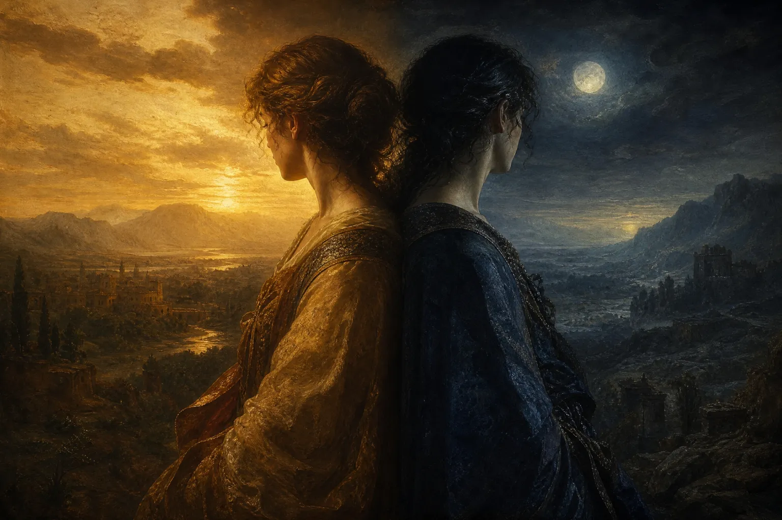 Two figures standing back to back, one lit by a golden sunset and the other by a blue moonlit night.
