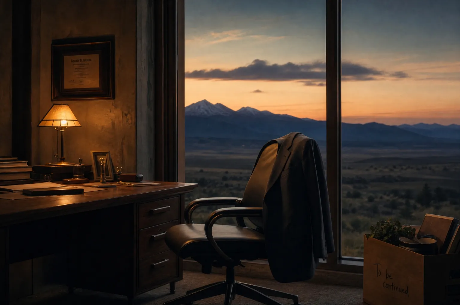 A vacated office at dusk — a jacket over the chair, a packed box, and a wide mountain view through the window.