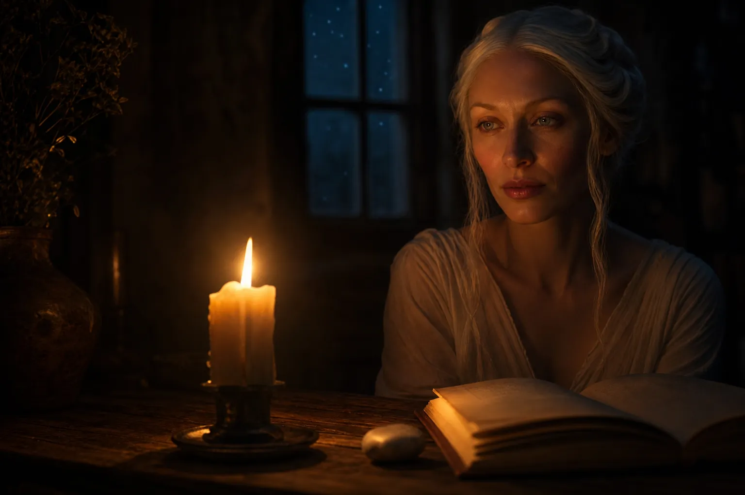 A woman sitting by candlelight with an open book at night, looking up in quiet reflection.