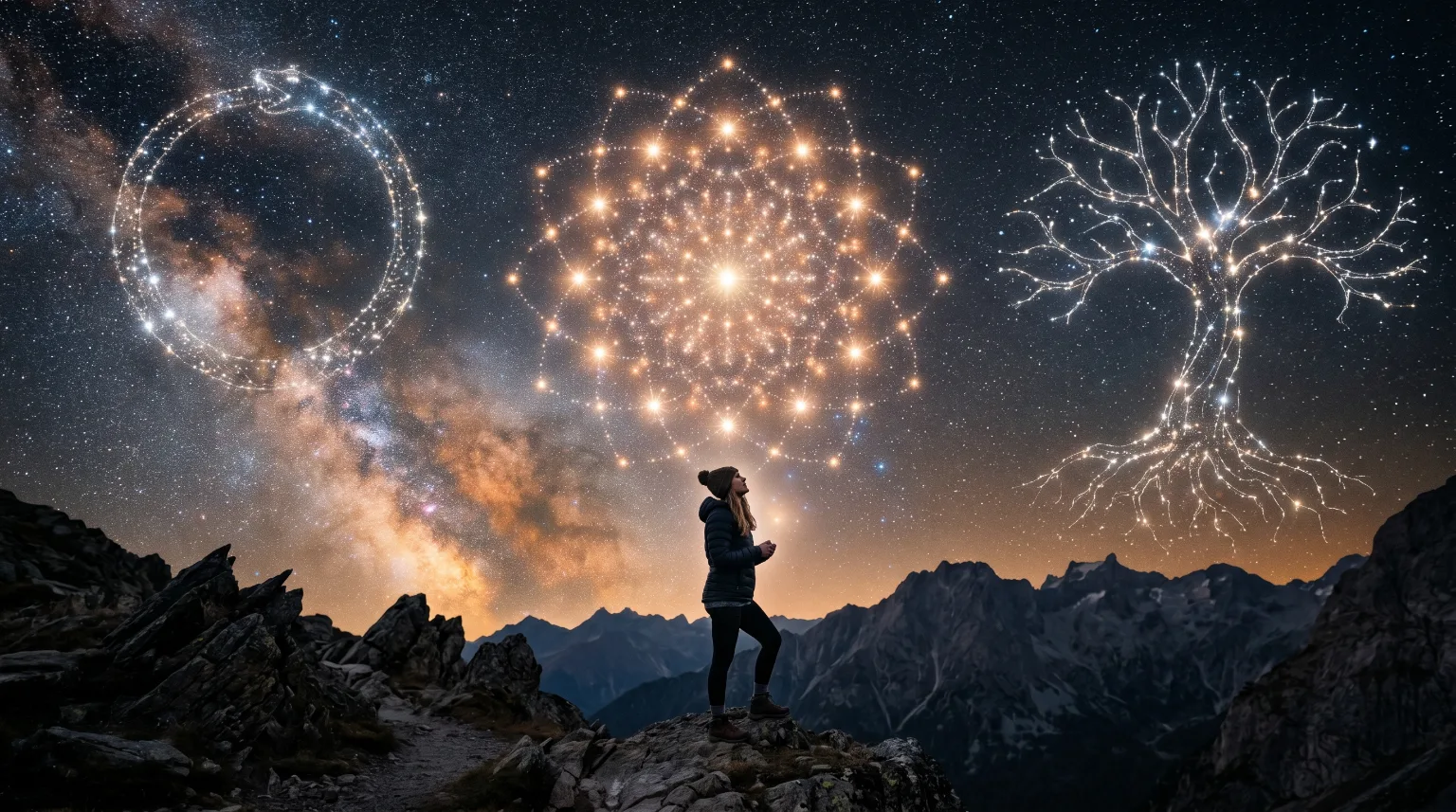 A woman looking up at celestial constellations.