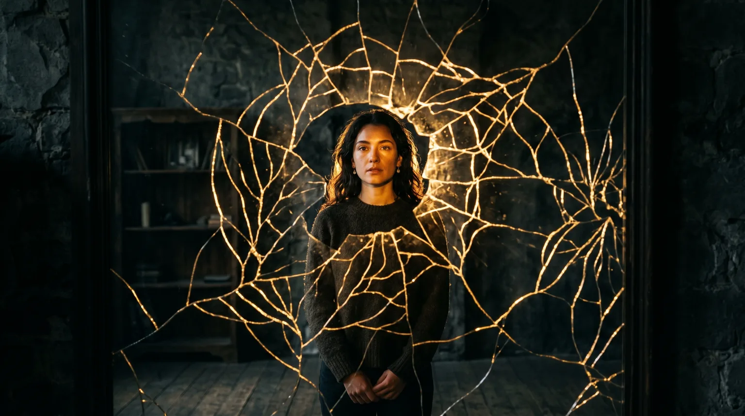 A woman standing behind a cracked mirror.