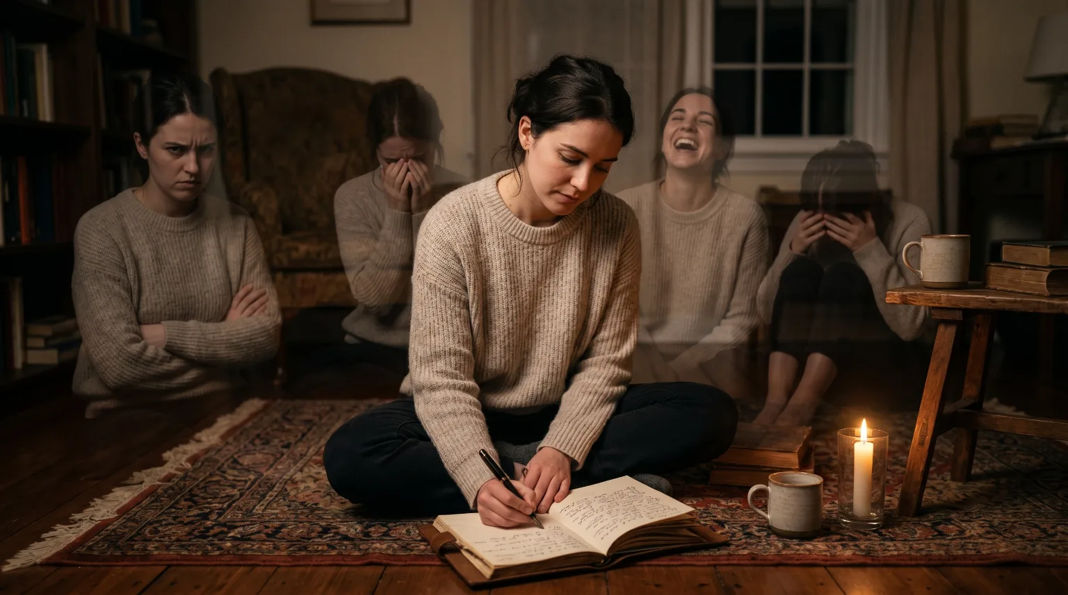 A woman journaling while overlapping emotional figures appear around her.