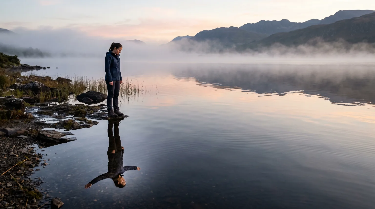 A woman looking at her reflection in a quiet lake.