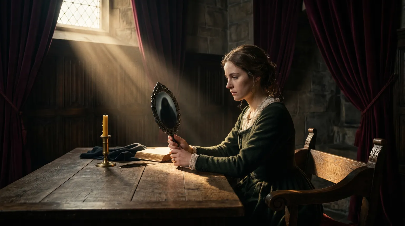 A woman at a candlelit table gazing into a hand mirror that holds a shadowy reflection.