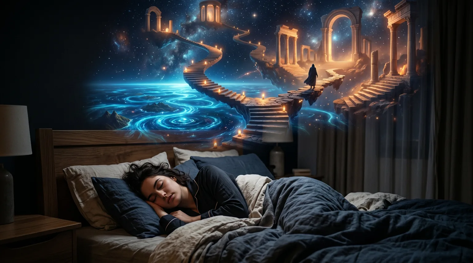 A woman sleeping beneath a cosmic dreamscape.
